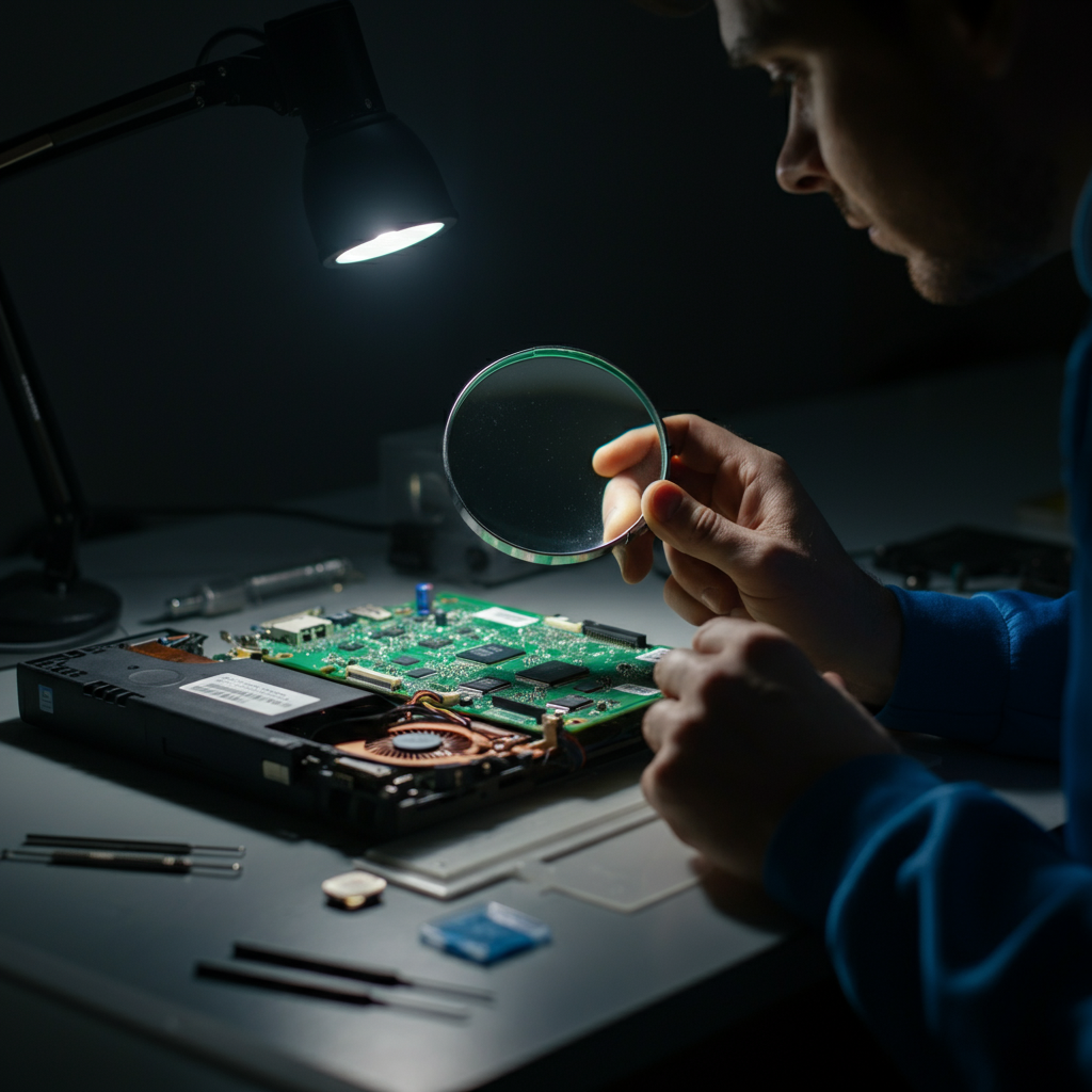 Close-up shot of a technician's hands carefully inspecting the motherboard of a vintage laptop, lit by a bright, focused task light. The technician is using a magnifying glass, and various small tools are laid out neatly on a clean workbench.