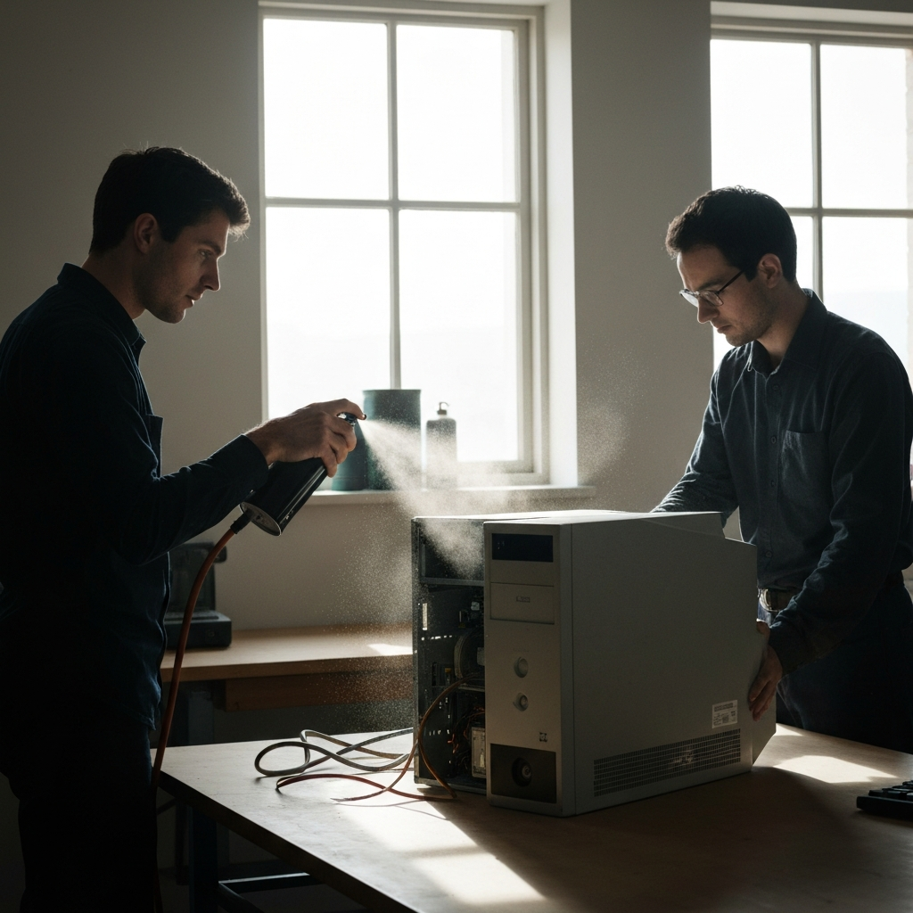 A well-lit workshop with a person using compressed air to clean the inside of an old desktop computer. The light streams through a window, illuminating dust particles as they are expelled from the machine.