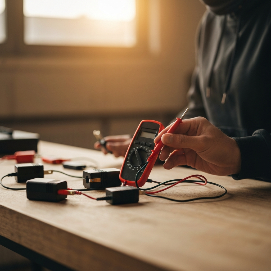 A workbench with various power adapters and a multimeter. A hand is holding a multimeter probe, testing the voltage output of an adapter. Soft bokeh in the background shows other electronic components.