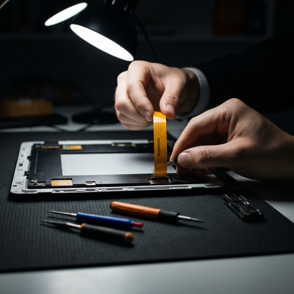 Hands carefully attaching a ribbon cable to an LCD screen in a dimly lit repair shop. Tools are laid out on a black anti-static mat. Soft, diffused lighting emphasizes the delicate nature of the repair.