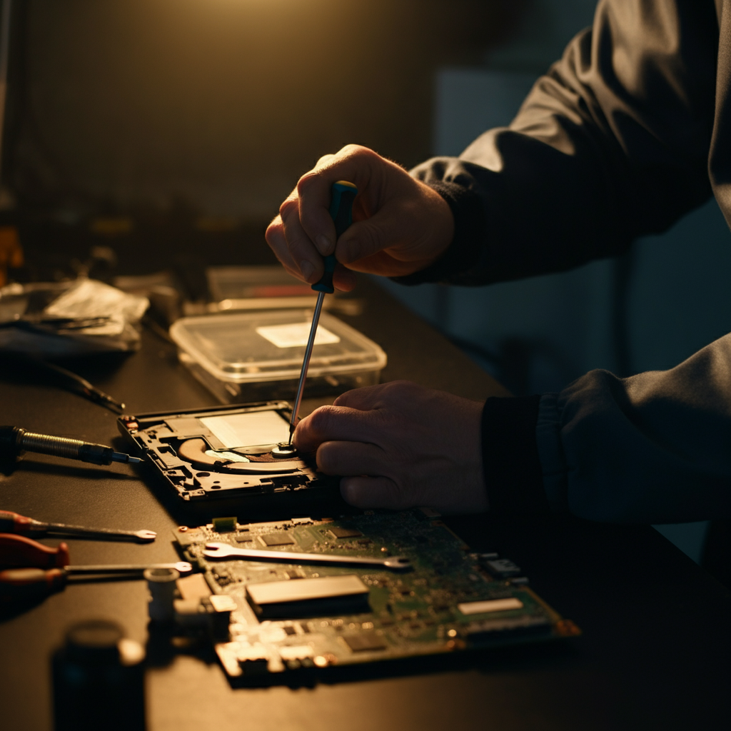 A technician using a small screwdriver to disconnect an old laptop battery. The workbench is clean and organized. Golden hour lighting casts long shadows across the tools and components.