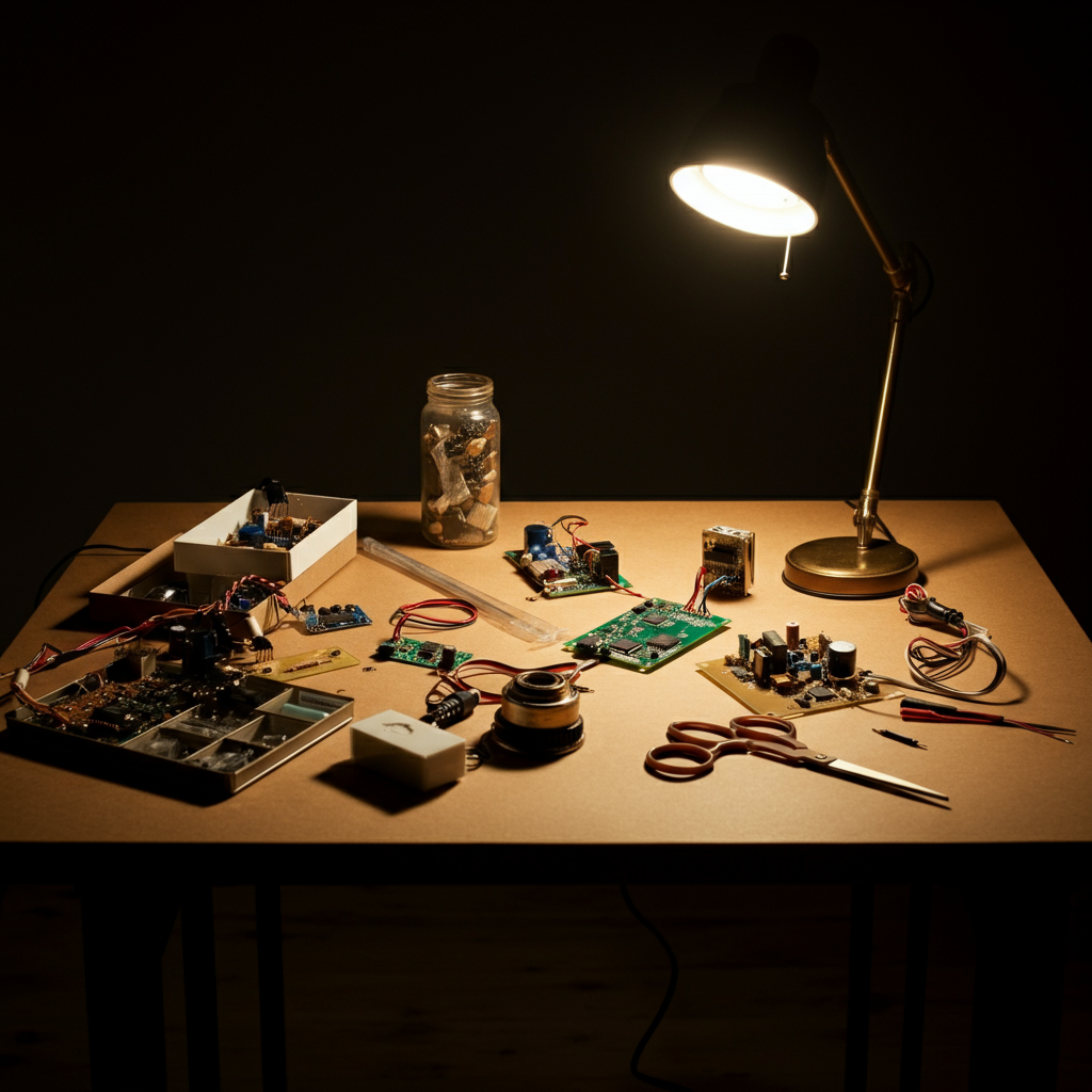 A craft table with various repurposed electronic components being used in an art project. Warm, inviting light creates a sense of creativity and resourcefulness. Fully clothed person's hands visible.