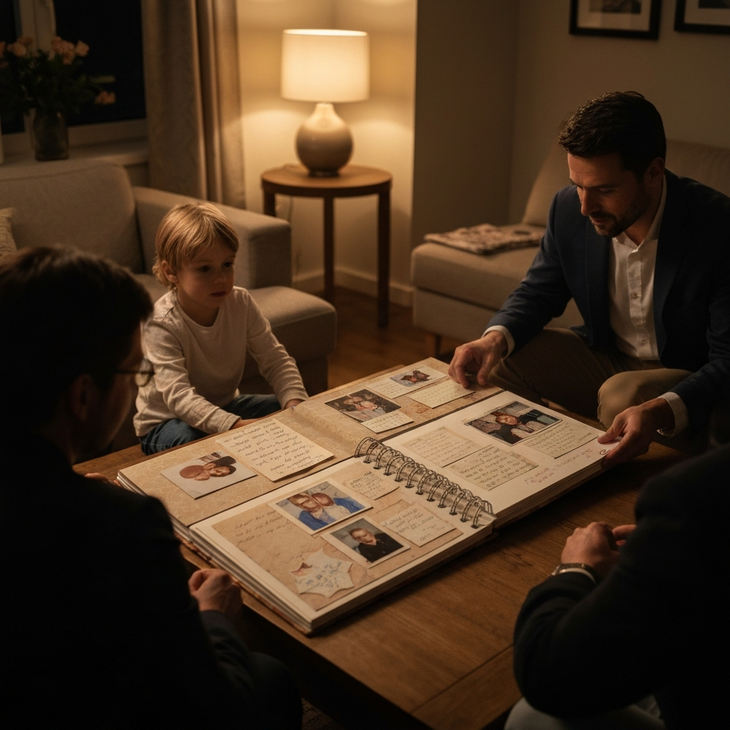 A warmly lit living room. A family sits around a coffee table, looking at a large scrapbook filled with photos and handwritten notes. Soft bokeh from a nearby lamp creates a cozy atmosphere. The scrapbook has textured paper and decorative elements.