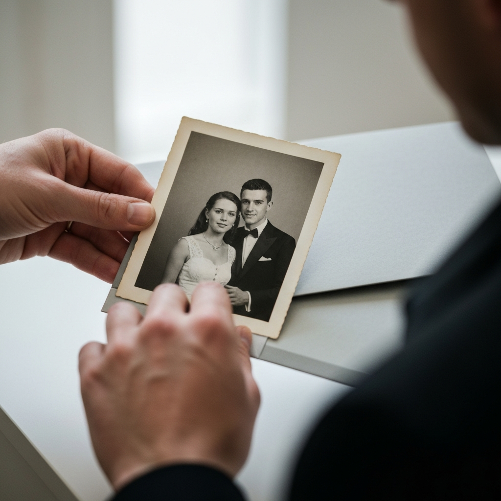 A close-up shot of a pair of hands carefully placing an old black and white photograph into an acid-free archival sleeve. The photograph shows a young couple in formal attire. The background is slightly blurred.