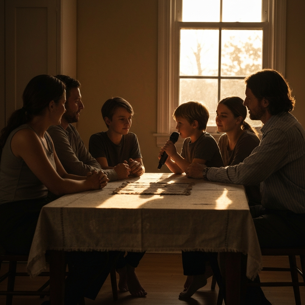 A family sits around a dining table, illuminated by warm, golden hour lighting coming through a window. A young child is holding a microphone and telling a story, while other family members listen attentively. The table is set with a simple, rustic tablecloth.