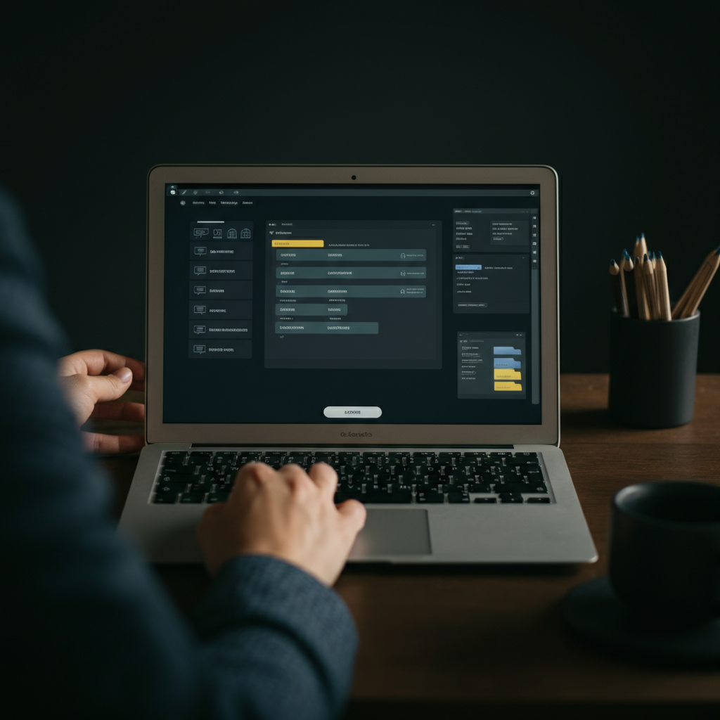 A person is sitting at a desk, working on a laptop. The screen displays a neatly organized folder structure with labeled files and folders. The desk is clean and minimalist, with natural light coming from a window.