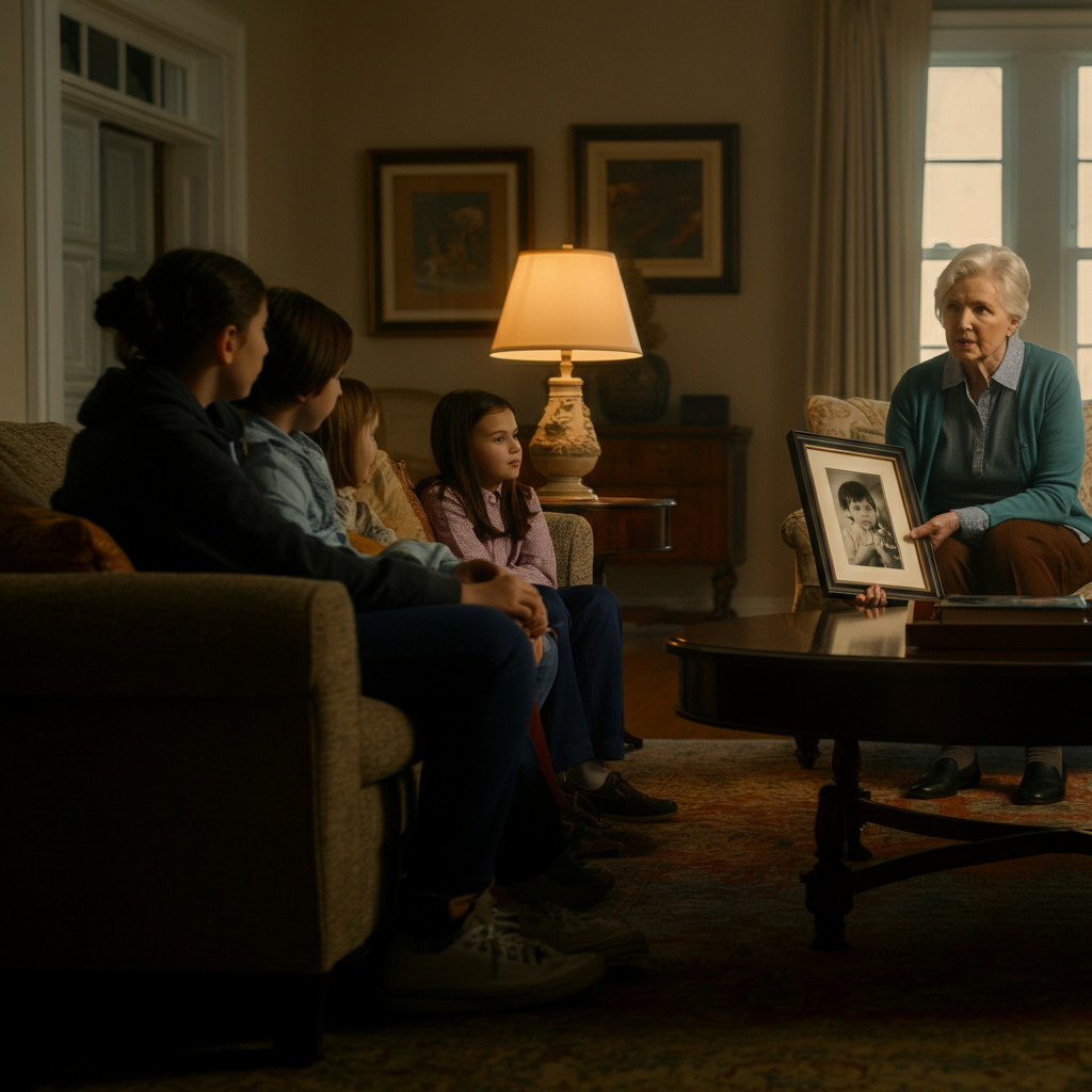 A multigenerational family is gathered in a living room, sitting on comfortable armchairs and a sofa. An older woman is holding a framed photograph and telling a story to a group of younger family members. The room is decorated with family heirlooms and personal touches.