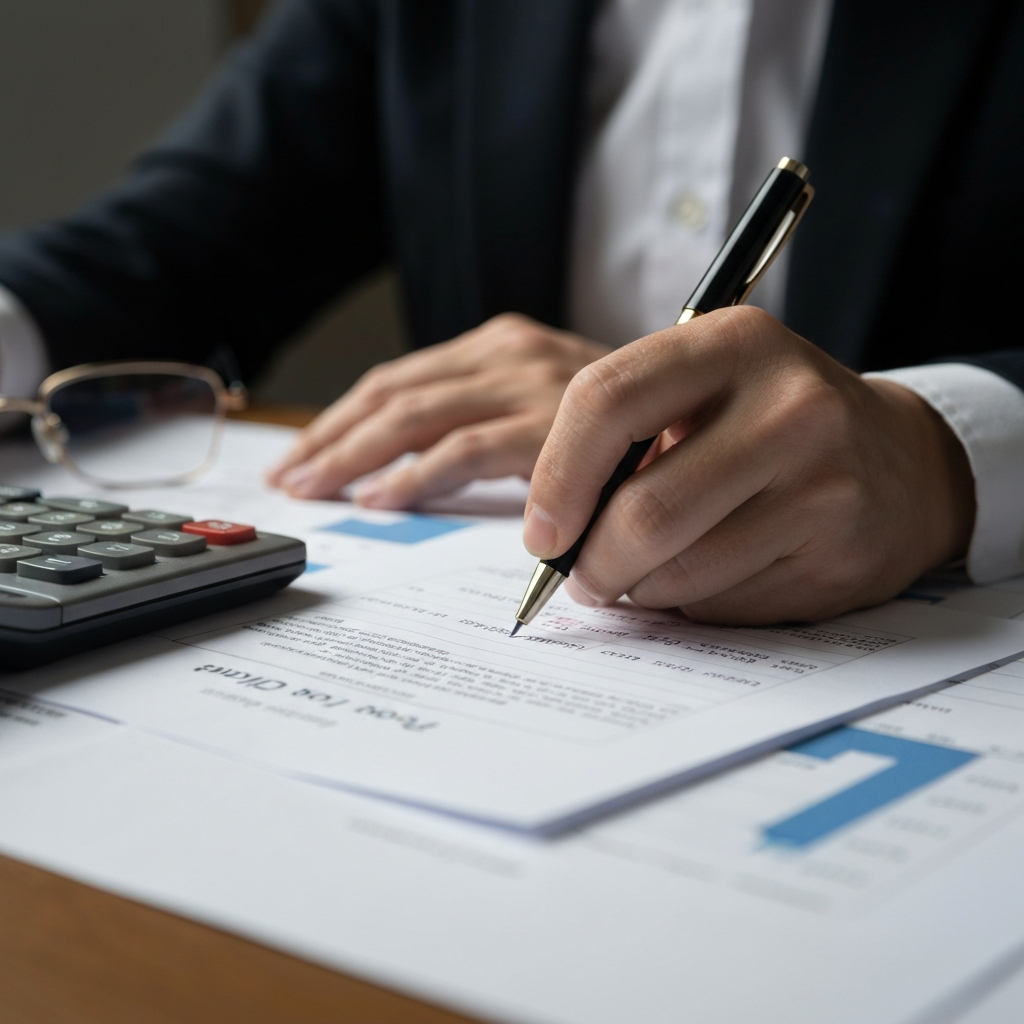 Close-up shot of a hand holding a pen, circling a number on a printed profit and loss statement. The lighting is soft and diffused, highlighting the texture of the paper. A calculator and reading glasses rest nearby.