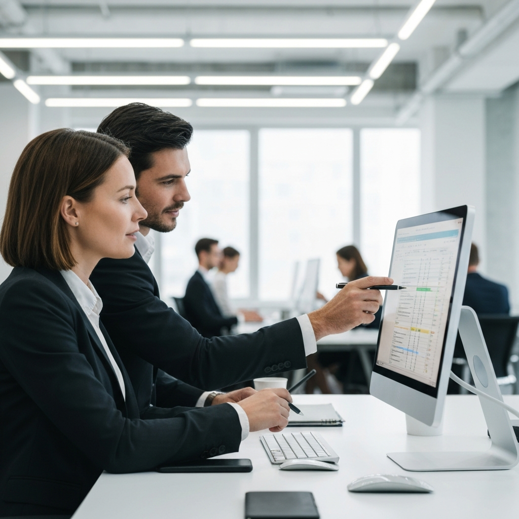 A wide shot of a bright, modern office. Two people in business attire are reviewing a digital spreadsheet on a large monitor, one pointing with a pen. Soft bokeh in the background shows other employees working at their desks.