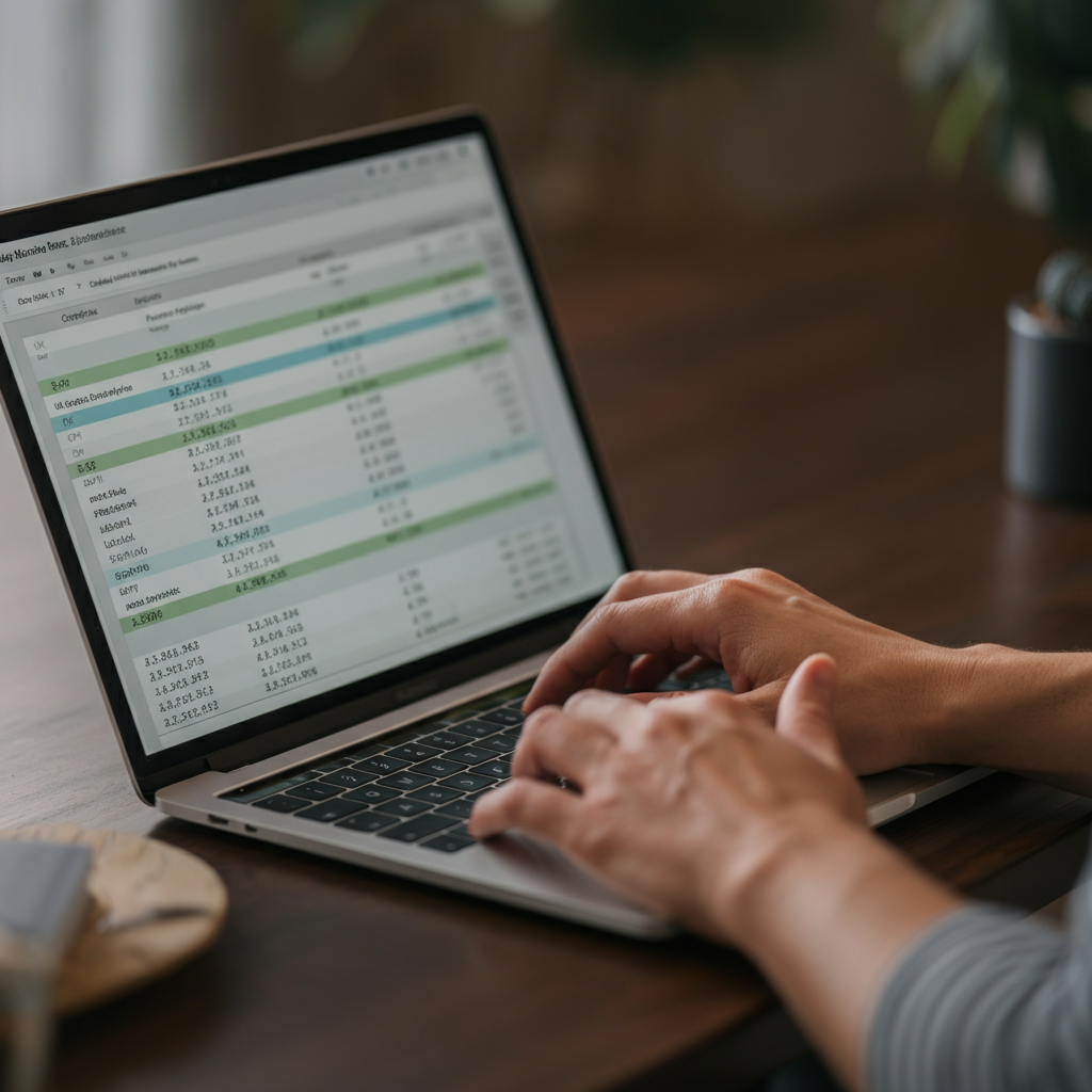 Medium shot of a hand typing on a laptop keyboard. The screen displays a detailed spreadsheet with expense categories. Soft, natural light illuminates the keyboard and hands.