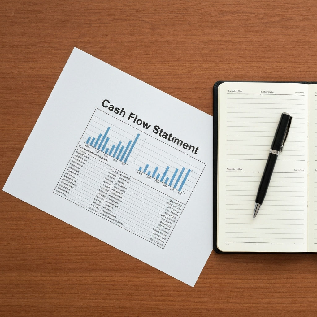 An overhead shot of a desk. A printed cash flow statement is neatly placed next to a notebook and a pen. Natural side-lighting emphasizes the textures of the paper and wood.