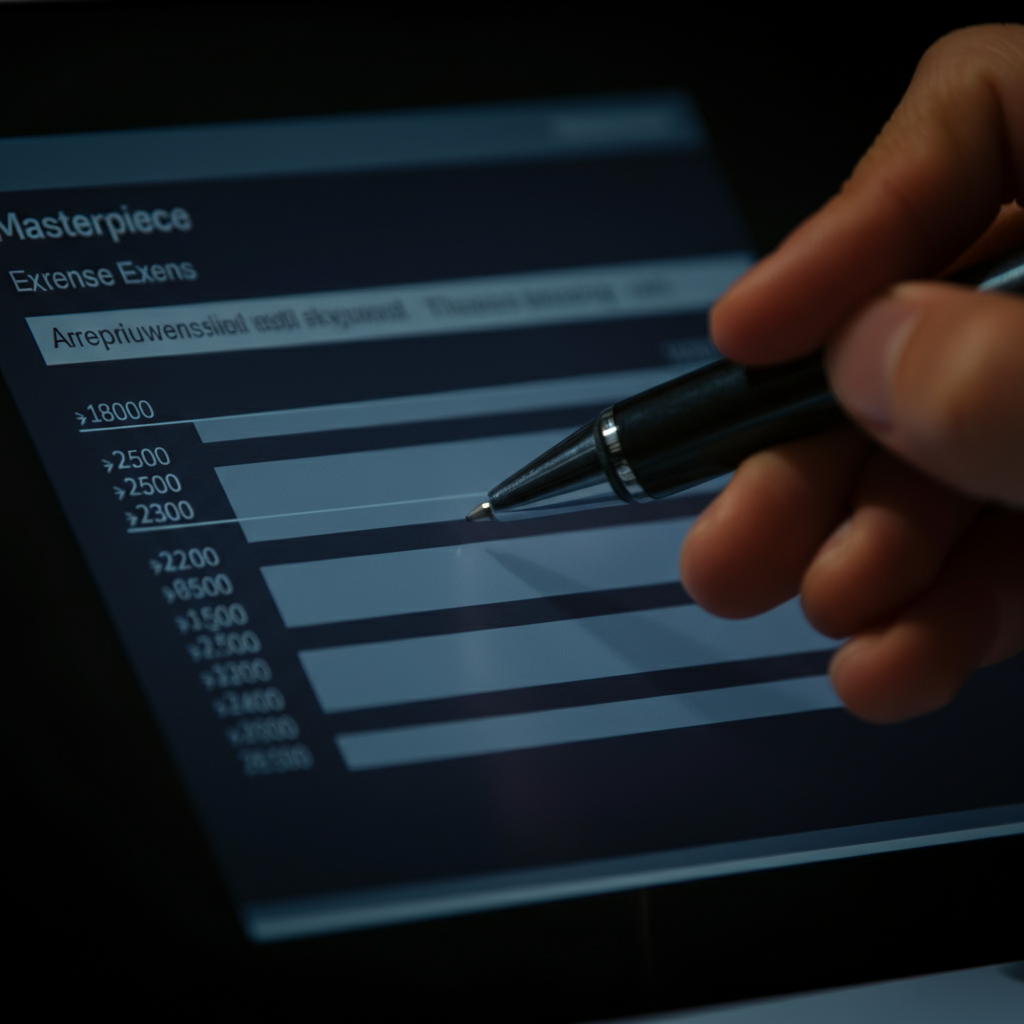 Close-up shot of a hand highlighting a line item on a digital expense report. The screen is softly illuminated, creating a focused and professional atmosphere.