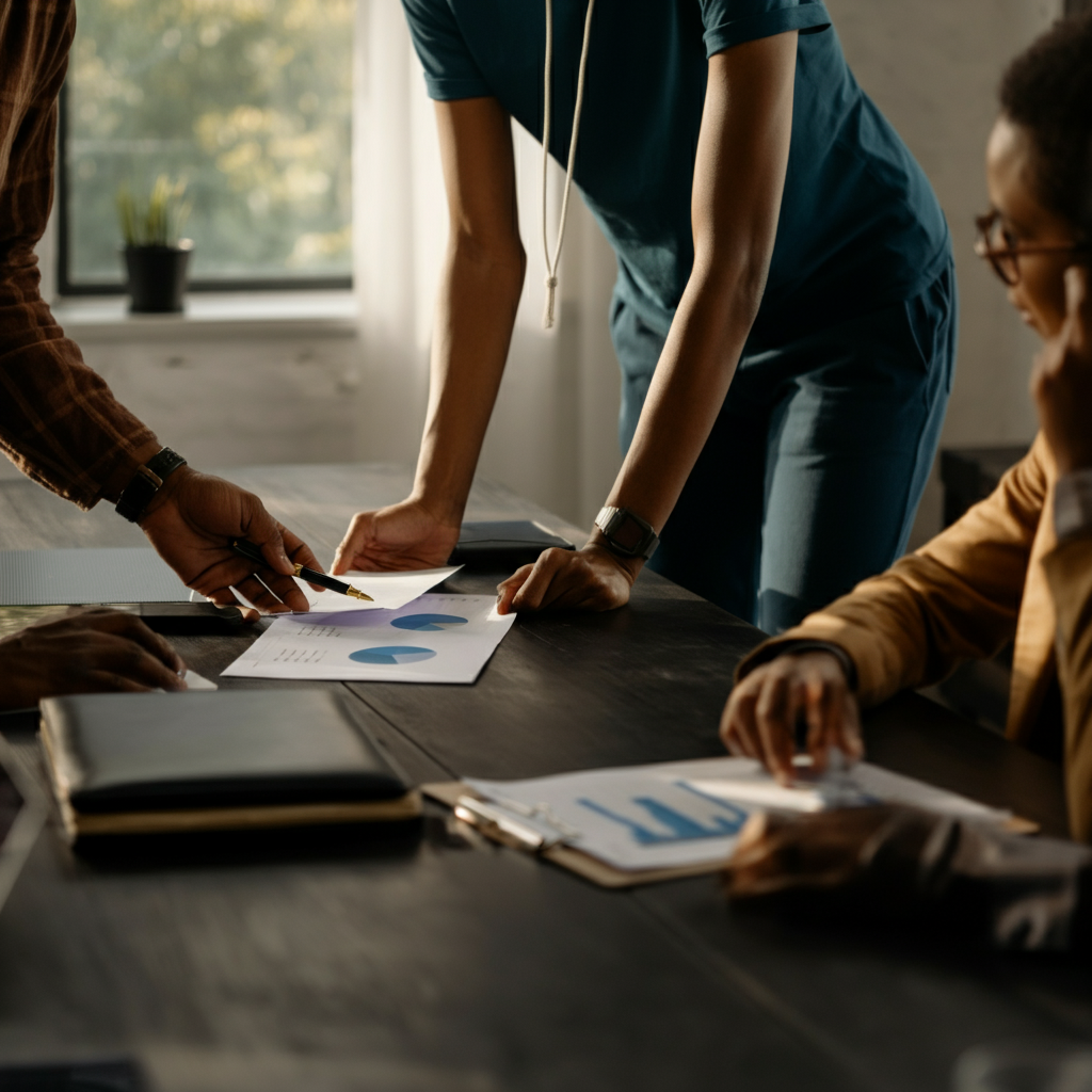 A team meeting in a modern conference room. Attendees are reviewing printed reports and discussing financial data. Natural light floods the room, creating a collaborative atmosphere.