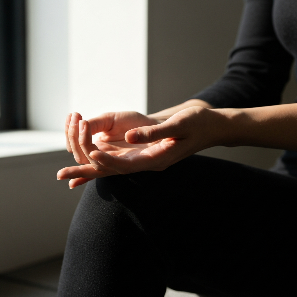 Close-up shot of hands gently resting on knees in a meditative pose. Soft, diffused light coming from a nearby window illuminates the hands, creating subtle shadows.