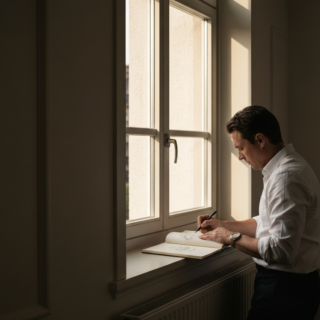 A person is sketching in a notebook by a sun-drenched window. The person is wearing a simple, well-maintained button-down shirt. The scene has a warm, golden-hour light.
