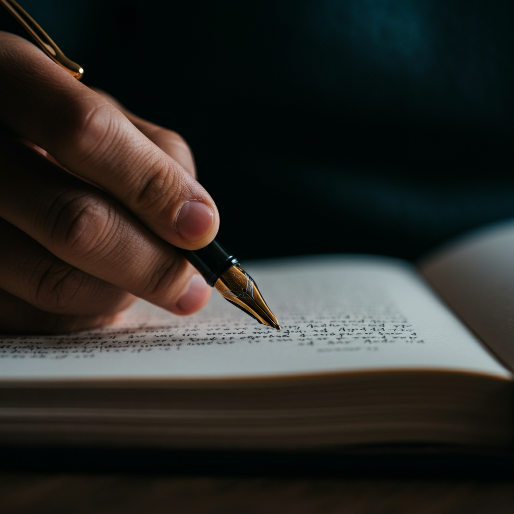 A close-up shot of a pen writing in a leather-bound journal. The lighting is soft and even, highlighting the texture of the paper and the pen's nib.