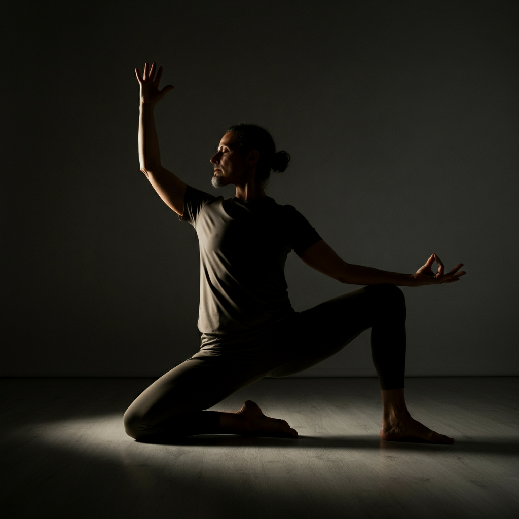 A person in a brightly lit studio is performing a simple yoga pose. Soft light is streaming in through a window. The individual is wearing comfortable workout clothes, showing professional posture and mindful positioning.