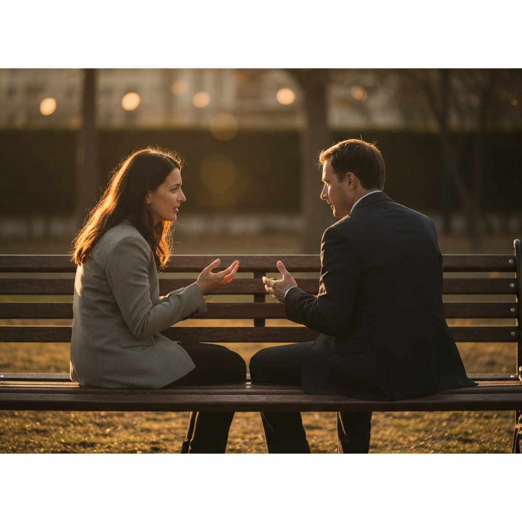 Two people are sitting on a park bench, engaged in a heartfelt conversation. The scene is bathed in warm, late-afternoon light, with soft bokeh in the background.