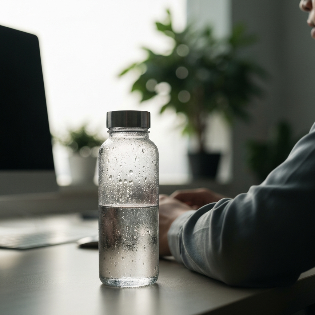 A close-up shot of a reusable water bottle on a desk, with condensation droplets forming on the side. The background is softly blurred, showing a workspace with a computer and plants, all bathed in natural morning light.