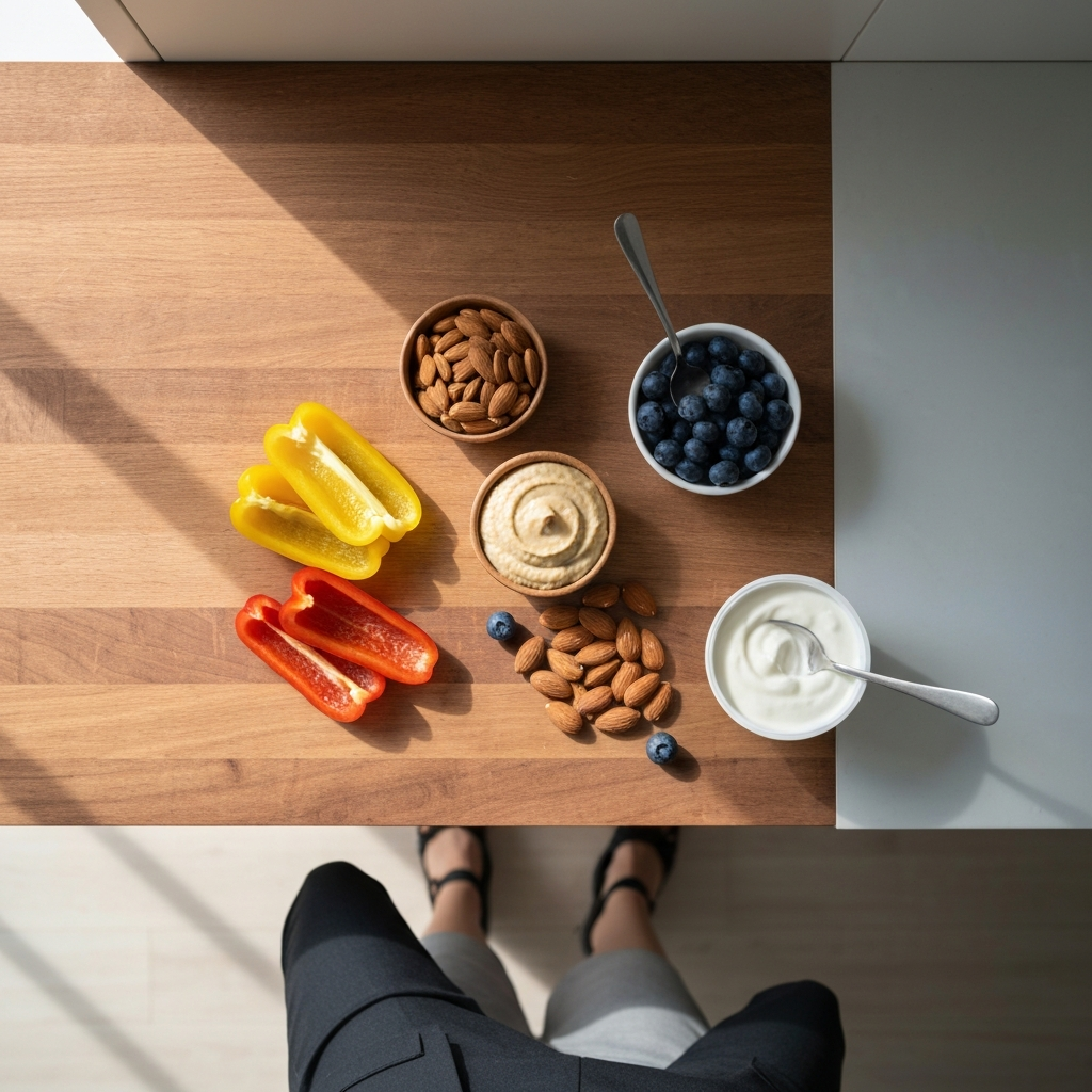 An overhead shot of a colorful array of healthy snacks laid out on a wooden kitchen counter. Included are sliced bell peppers, hummus, almonds in a small bowl, and a container of Greek yogurt with fresh blueberries. Soft, diffused light illuminates the scene.