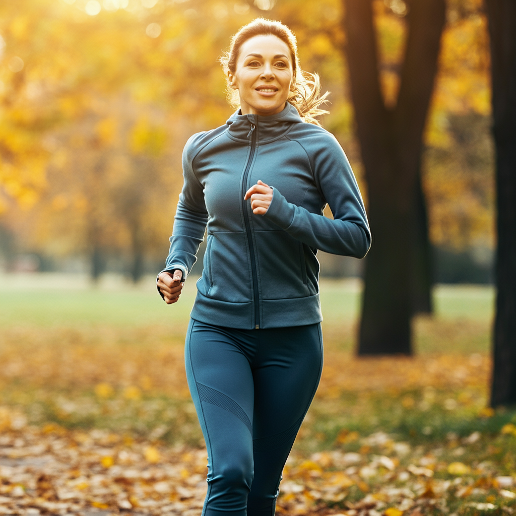 A woman in athletic wear walking briskly through a park with autumn foliage. She is smiling and looking ahead, with sunlight dappling through the trees and creating a soft bokeh effect in the background.