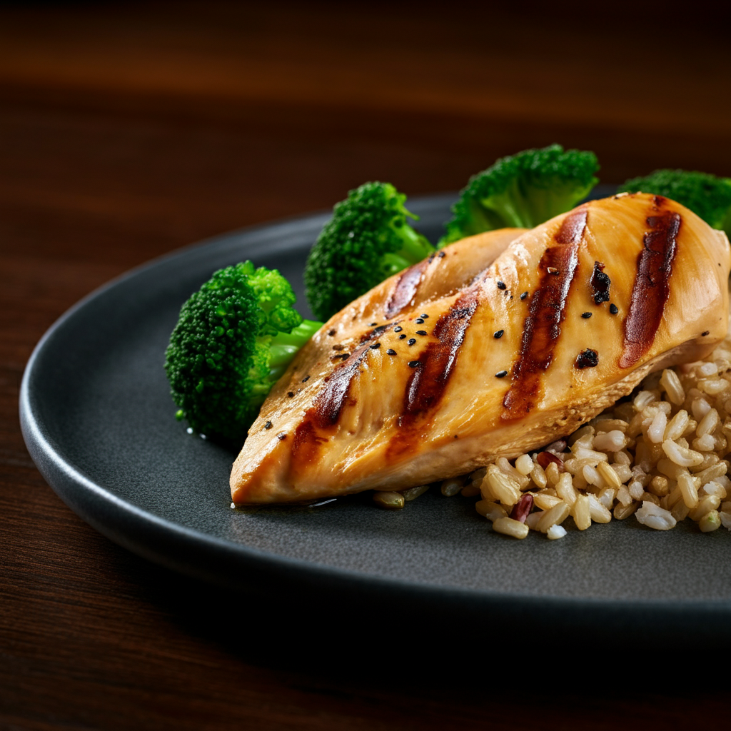 A close-up shot of a plate featuring grilled chicken breast, steamed broccoli, and brown rice. The plate is set against a dark wooden table, with natural light highlighting the textures of the food.