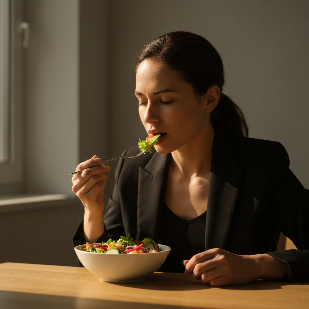 A person sitting at a table, eyes closed, taking a mindful bite of a vibrant salad. Soft, golden hour lighting illuminates the scene, highlighting the colors and textures of the vegetables.
