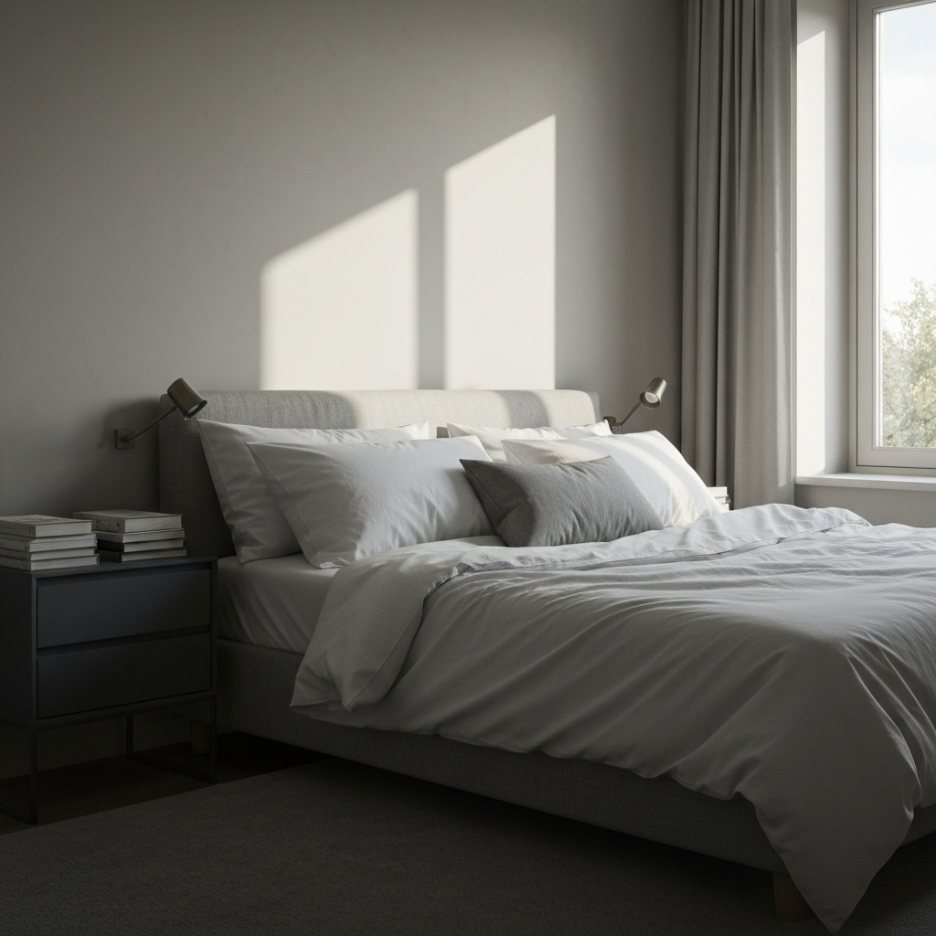 A bedroom scene featuring a neatly made bed with soft, natural lighting coming through a window. The color palette is muted and calming, with books stacked on a nightstand.