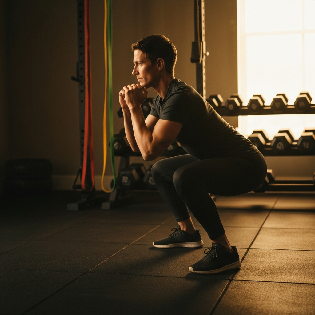 A person performing a bodyweight squat in a well-lit home gym setting. The background includes dumbbells and resistance bands, with a focus on proper form and posture.