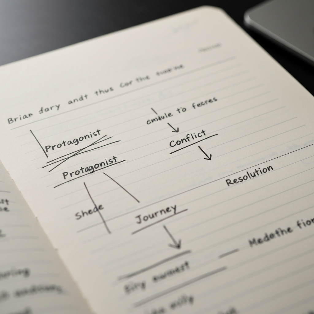 A close-up shot of a handwritten notebook. The pages are filled with brainstorming notes, crossed-out ideas, and diagrams centered around "Protagonist," "Conflict," "Journey," and "Resolution." The lighting is soft and diffused, highlighting the texture of the paper.