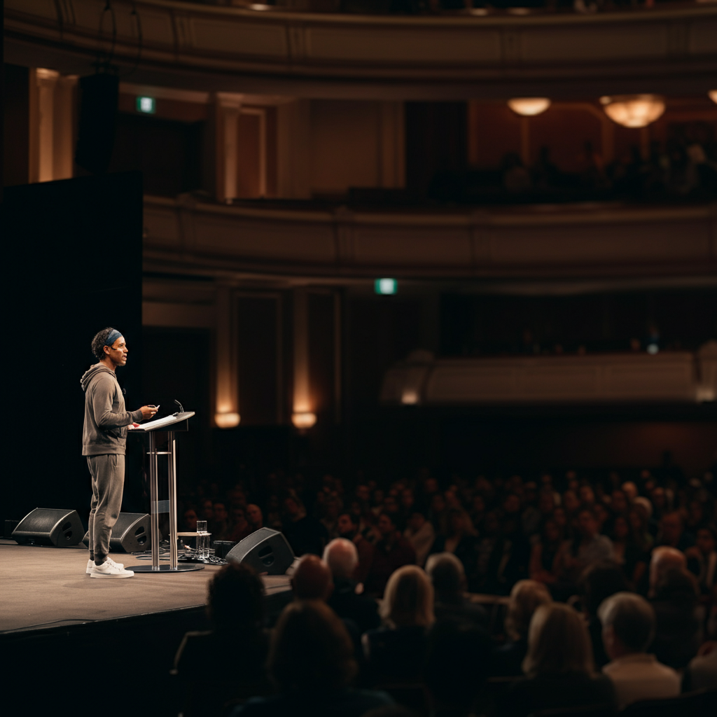 A speaker stands confidently on a stage, addressing a large audience. The stage is well-lit, and the speaker's expression is engaging. The background is blurred, drawing attention to the speaker's delivery.