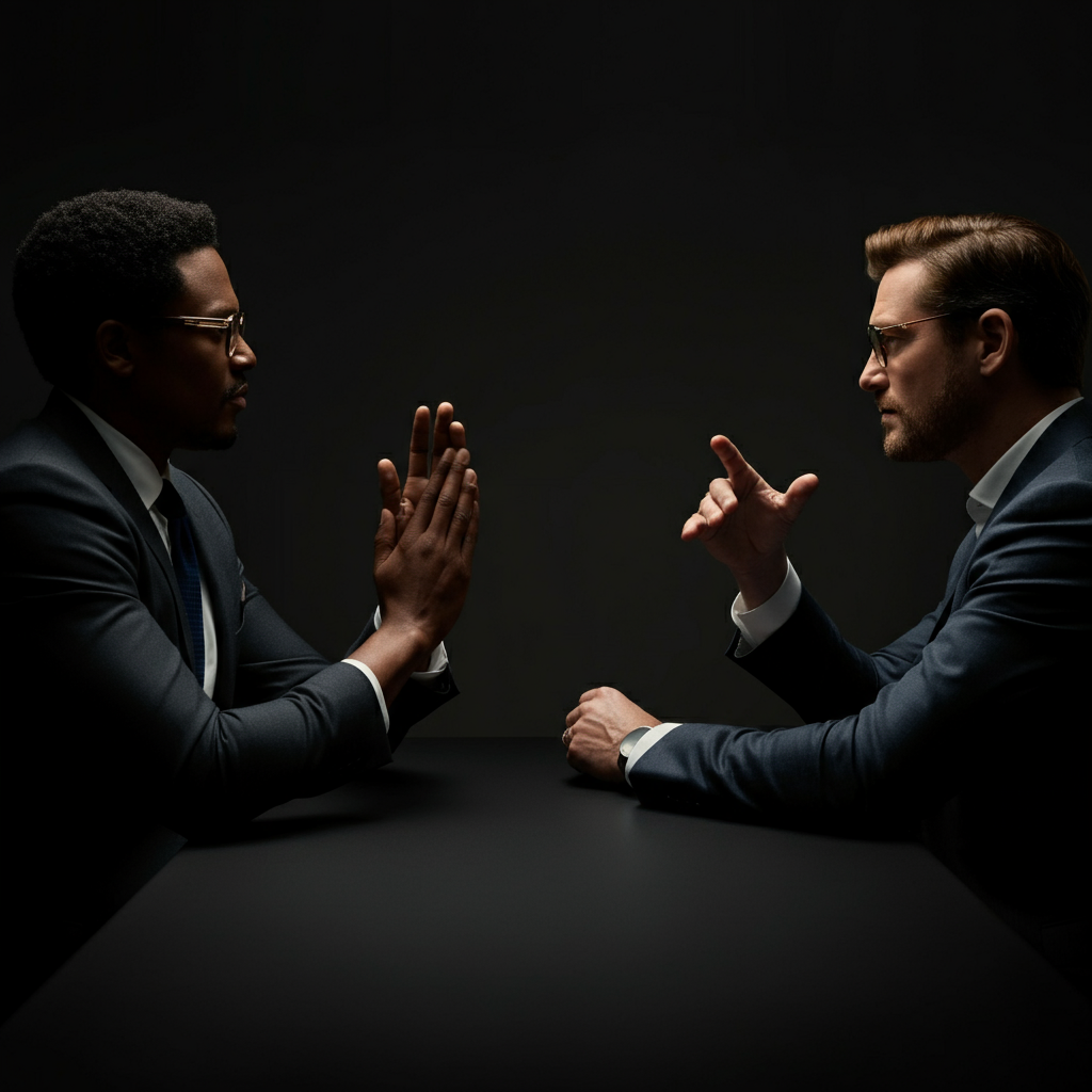 Two people are sitting at a table, deep in conversation. One is listening intently, while the other is gesturing with their hands. The lighting is warm and inviting, emphasizing the facial expressions of the subjects.