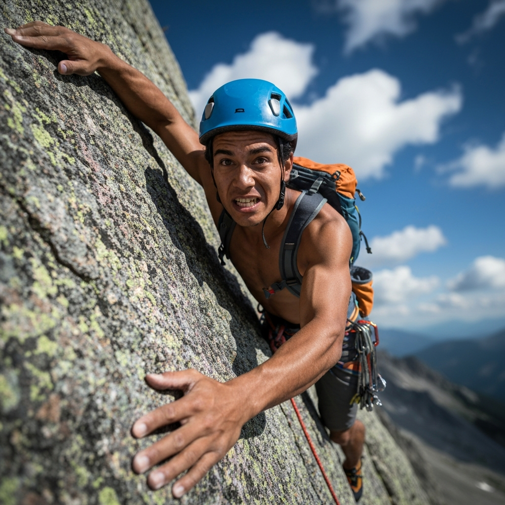 A climber is ascending a steep rock face. The climber's face is strained with effort, and their hands are gripping tightly to the rock. The background is blurred, emphasizing the height and danger of the climb. The scene is side-lit, enhancing the texture of the rock.