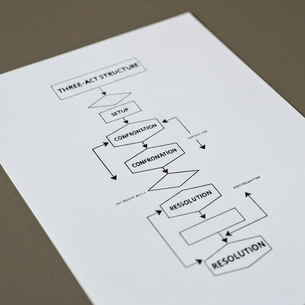 A flowchart diagram illustrating the three-act structure: Setup, Confrontation, Resolution. Arrows indicate the flow of the narrative. The diagram is clean and minimalist, with clear labels and simple icons.