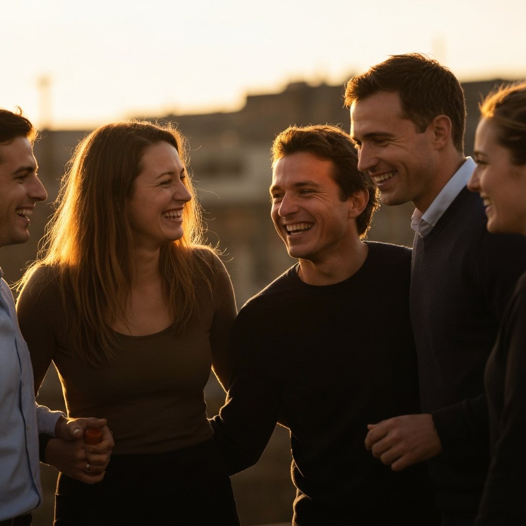 A group of people are gathered together, smiling and looking at each other. They appear to be celebrating a success or achievement. The lighting is warm and golden, creating a sense of camaraderie and joy.