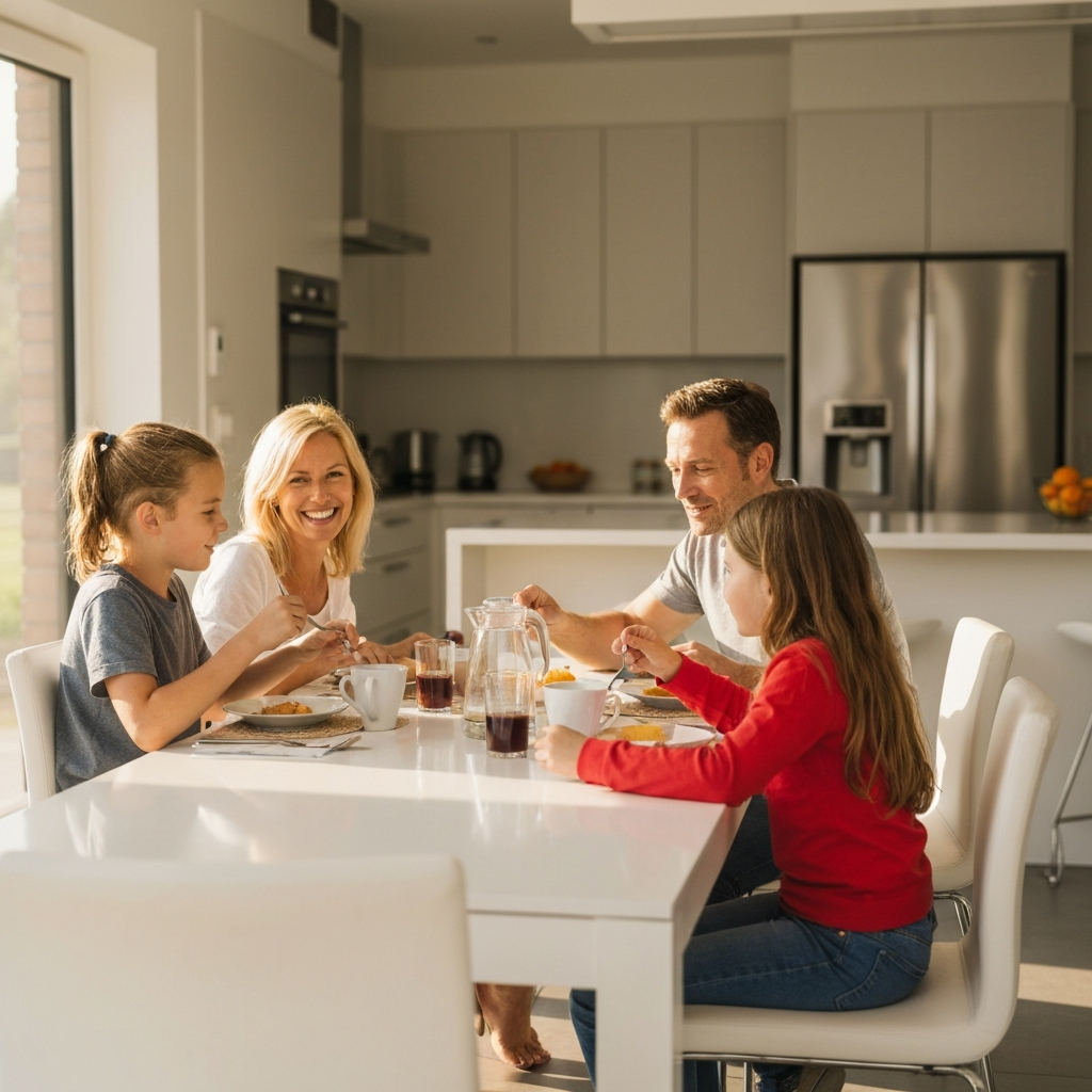 A brightly lit, modern kitchen. A family of four is eating breakfast around a wooden table. Soft golden light streams through the window, highlighting the texture of the oatmeal bowls. The scene is shot with a shallow depth of field, creating a warm and inviting atmosphere.