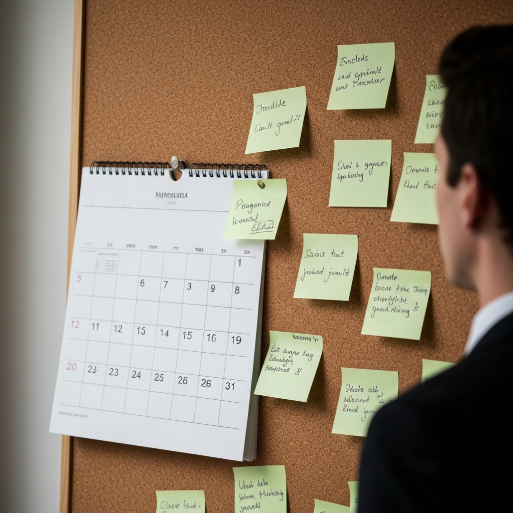 A calendar hanging on a corkboard in a home office. The calendar is partially obscured by Post-it notes of varying colors, each bearing handwritten reminders and appointments. The light is diffused and even, emphasizing the textured surface of the cork.