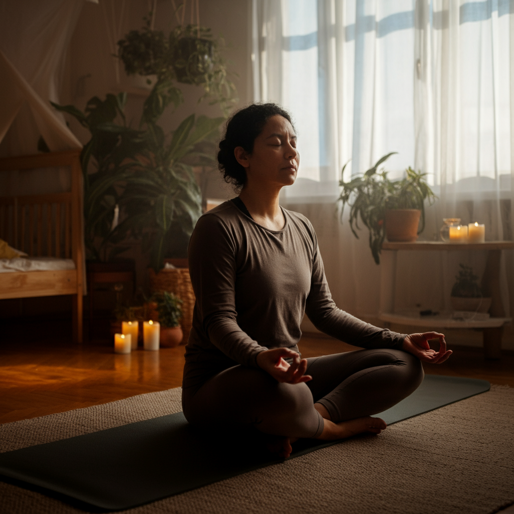 A person is sitting cross-legged on a yoga mat in a peaceful bedroom. The room is decorated with plants and candles, and soft sunlight filters through the sheer curtains. The person's face is serene and relaxed.