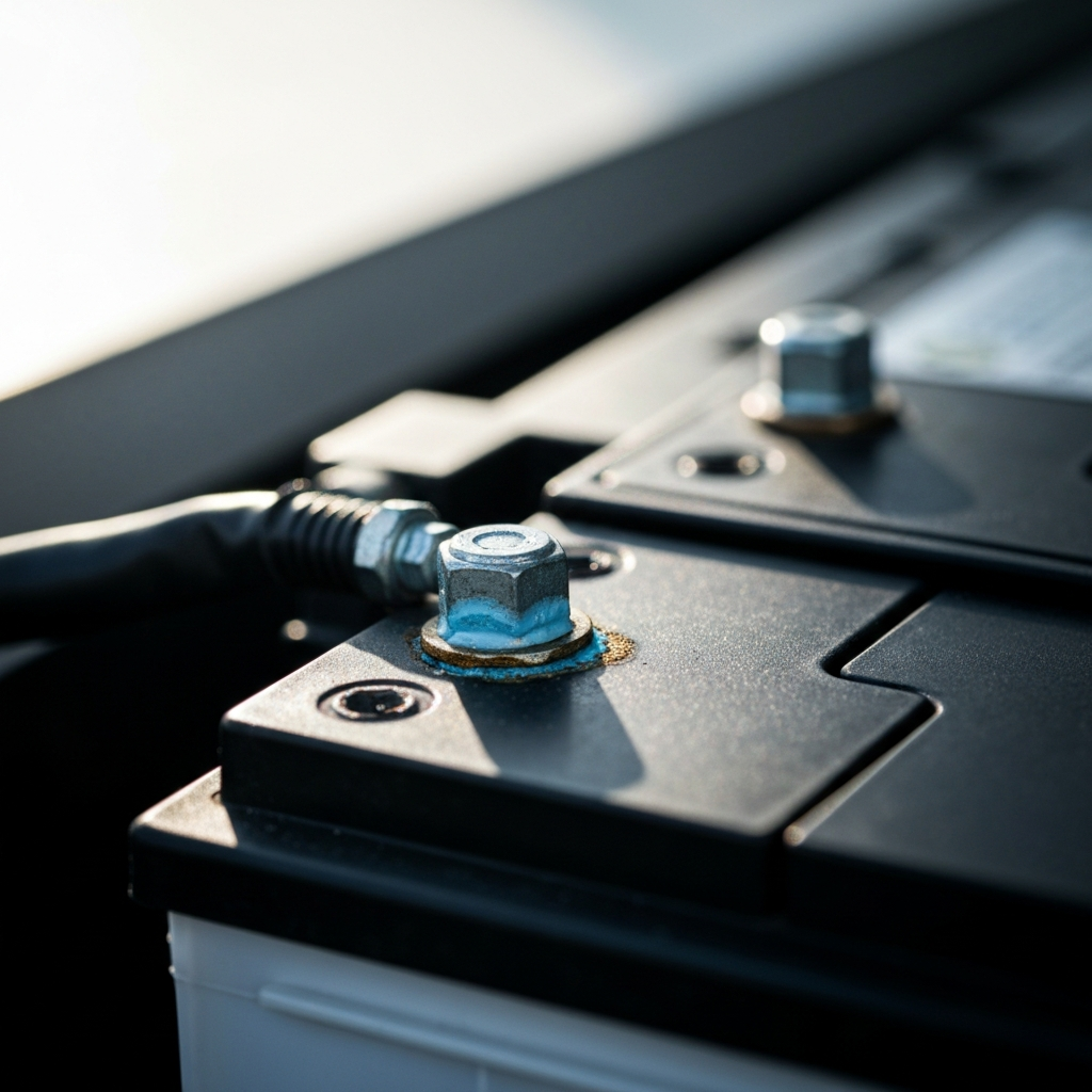 Close-up of a car battery terminal, slightly corroded with a light blue substance. Focus is sharp on the terminal, with the background slightly blurred. Soft, diffused sunlight illuminates the battery.