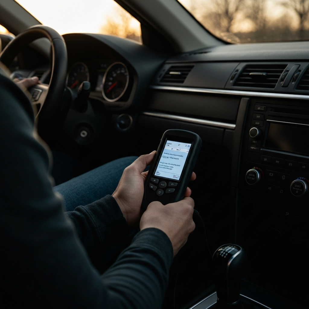 A person sits in the driver's seat of a car, holding a handheld OBD-II scanner plugged into the OBD-II port beneath the dashboard. The scanner screen glows softly, displaying text. The interior is dimly lit, with a focus on the scanner and the driver's hand.