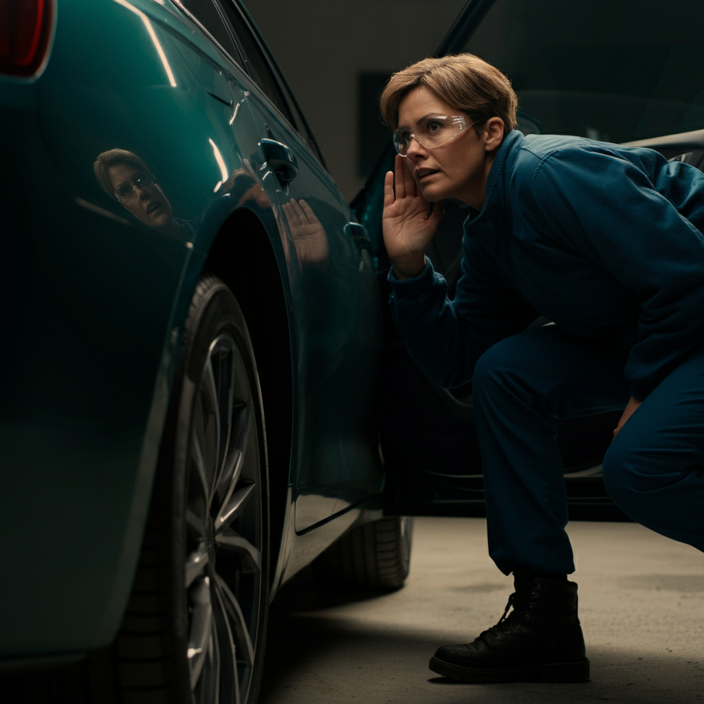 A person stands beside a car, leaning down and listening intently near the wheel well. The person is wearing safety glasses. The car is parked on a level surface. Diffused sunlight provides even illumination.