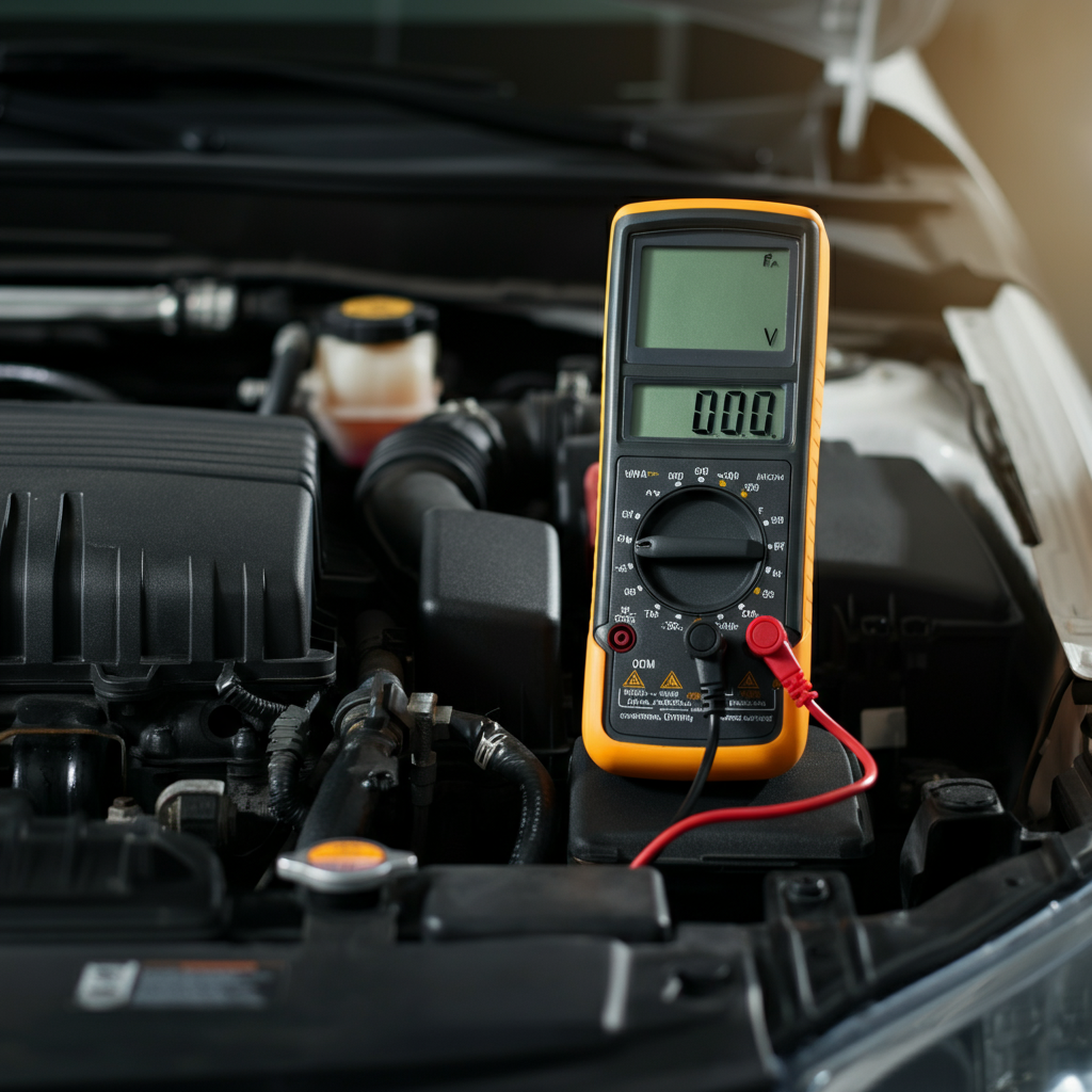 Close-up of a multimeter displaying a voltage reading. The multimeter probes are connected to a car battery terminal. The background is slightly blurred, showing the engine bay. Overhead fluorescent lighting provides clear, even illumination.
