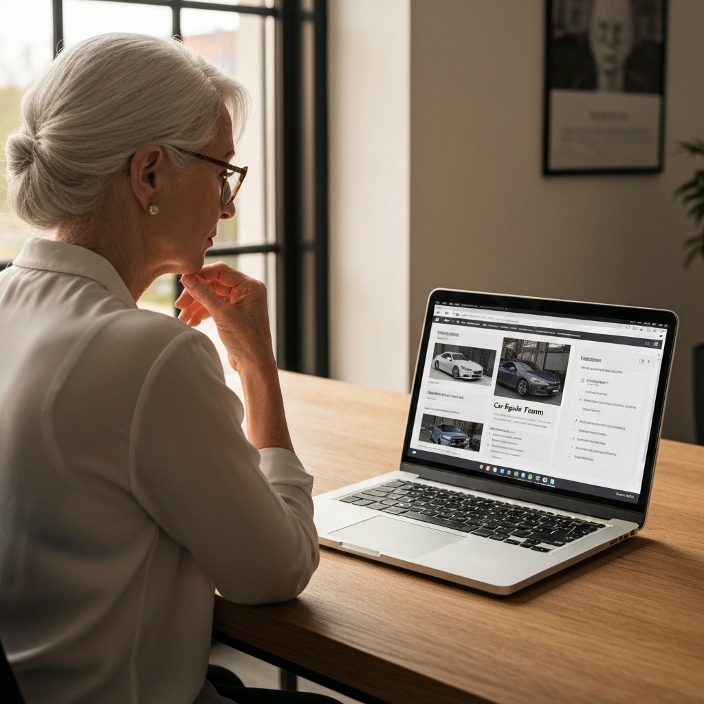 A person sits at a desk with a laptop open, displaying a car repair forum. The person is wearing glasses and appears to be focused on the screen. Soft, warm lighting creates a comfortable atmosphere.
