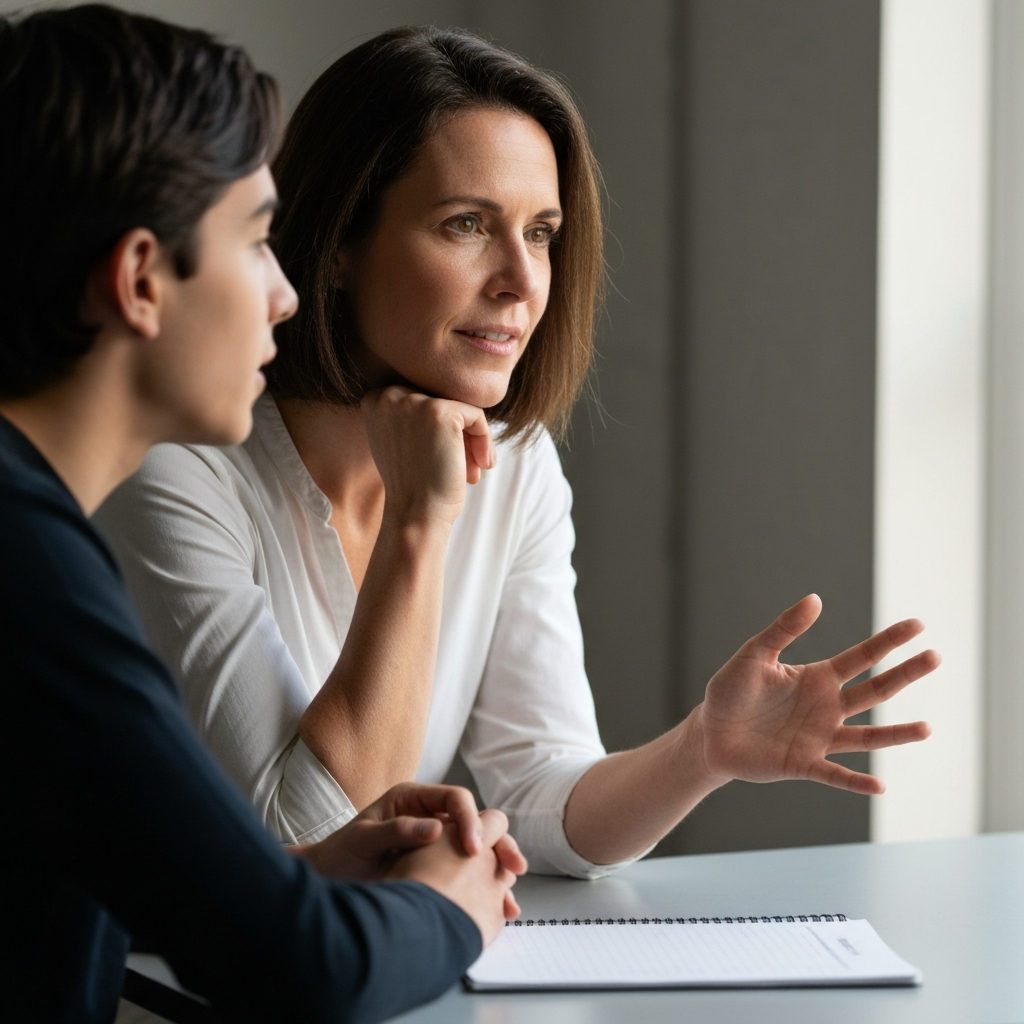 A teacher sits at a small table, leaning slightly forward with attentive eyes as a student explains something with animated hand gestures. Soft, natural light illuminates the side of their faces, creating a sense of intimacy. The teacher's hands are clasped lightly on the table.