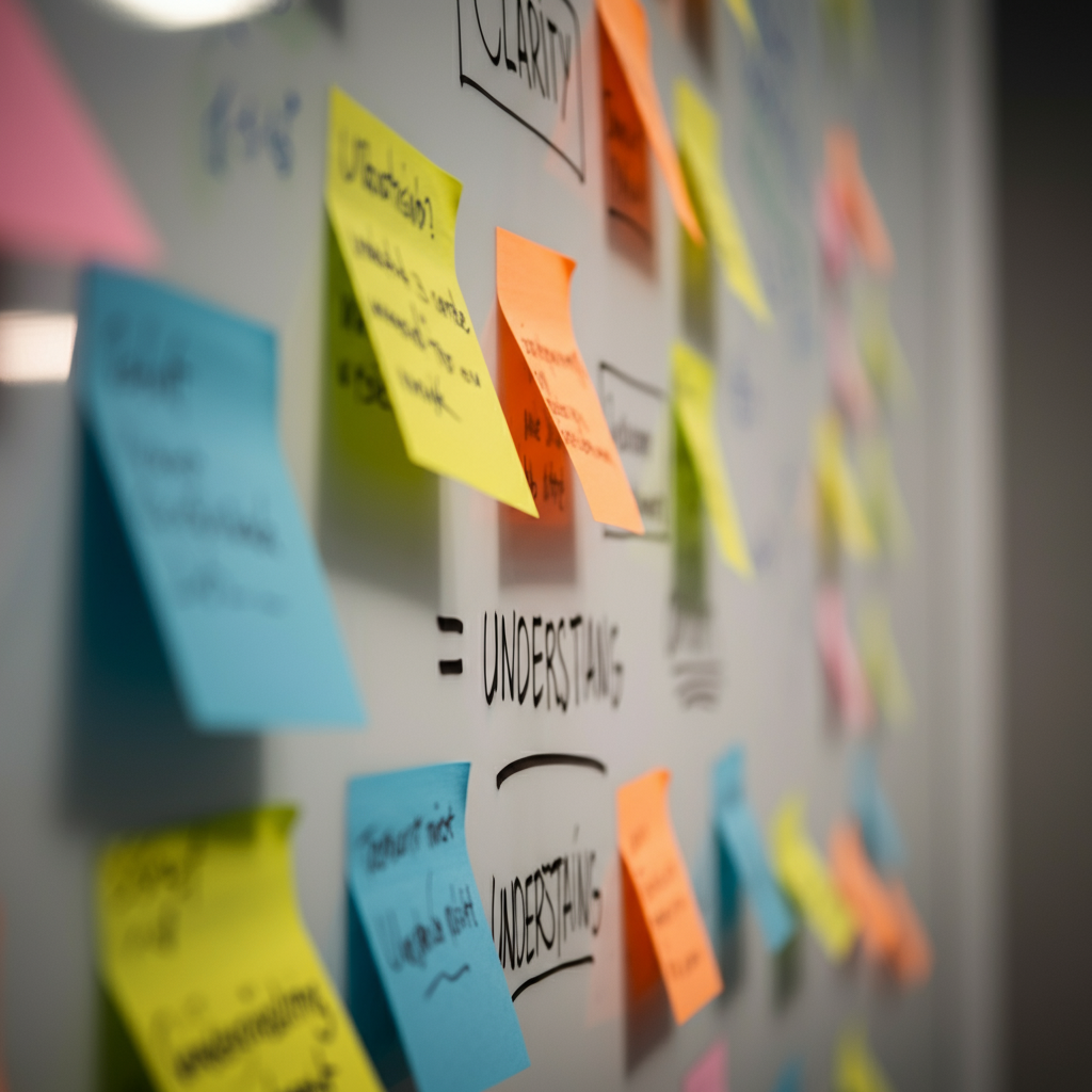 A close-up shot of a whiteboard filled with colorful notes and diagrams. The focus is sharp on one specific note written in bold marker: "Clarity = Understanding". Soft bokeh in the background creates depth.
