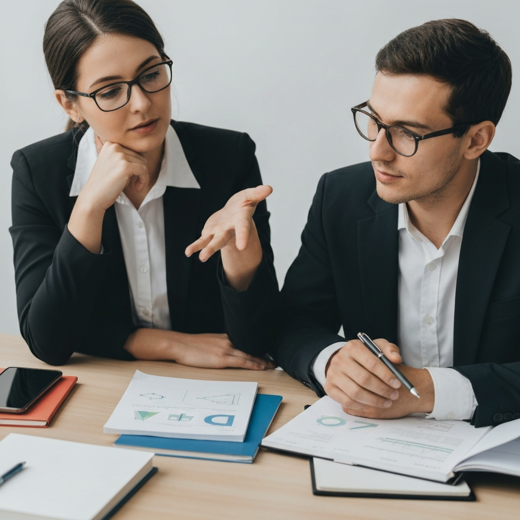 Two teachers are collaborating at a desk. One is gesturing with their hands to emphasize a point, while the other is nodding in agreement. The overhead lighting is soft and even, highlighting the textures of the materials on the desk.