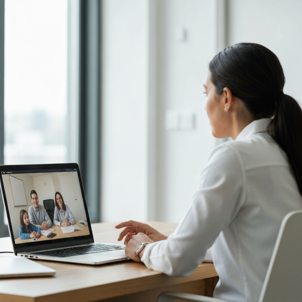 A teacher is leading a virtual lesson on a laptop. The screen shows engaged students participating. Soft, diffused lighting illuminates the teacher's face, ensuring clear visibility. The background is a professional and organized office space.