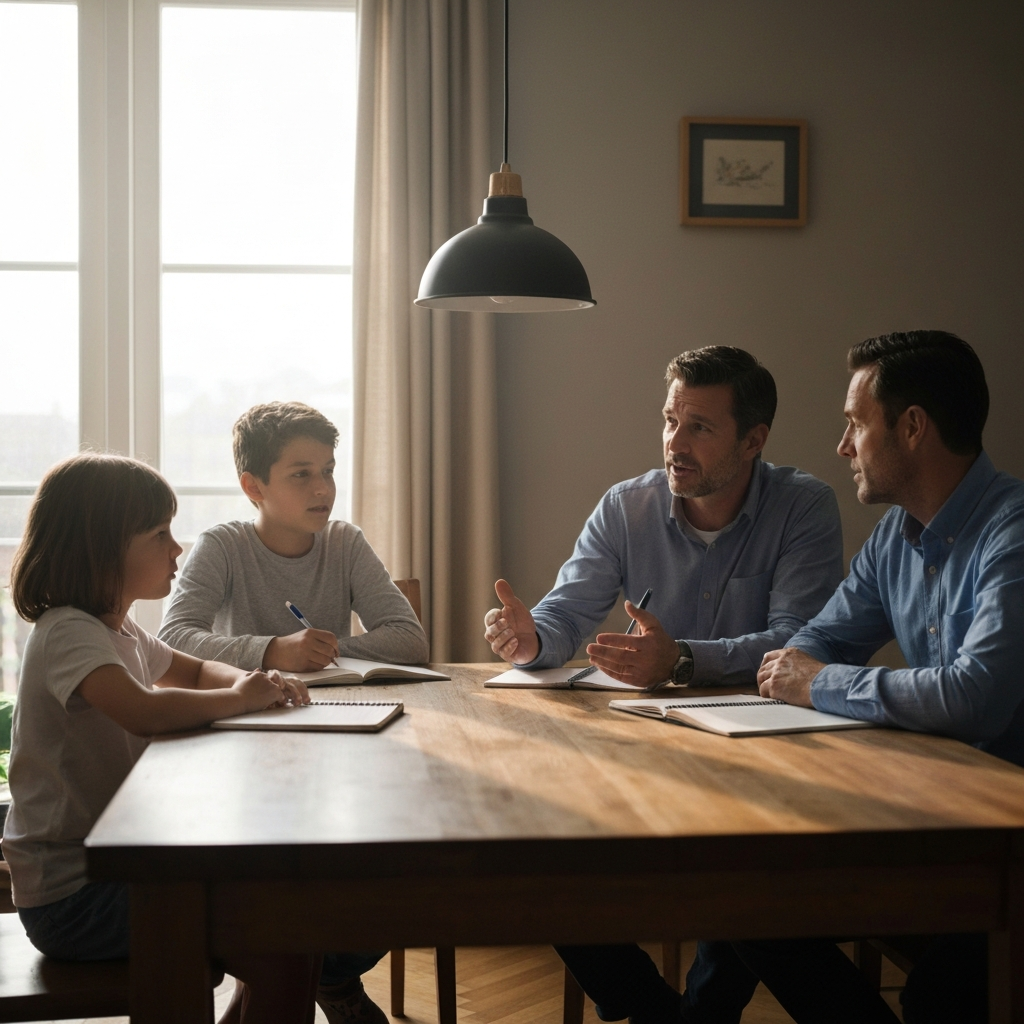 A family of four sits around a wooden dining table. Soft afternoon light streams through a nearby window, illuminating dust motes dancing in the air. One parent gestures while speaking, the other listens intently. The children are engaged in the discussion, notebooks and pens scattered on the table.