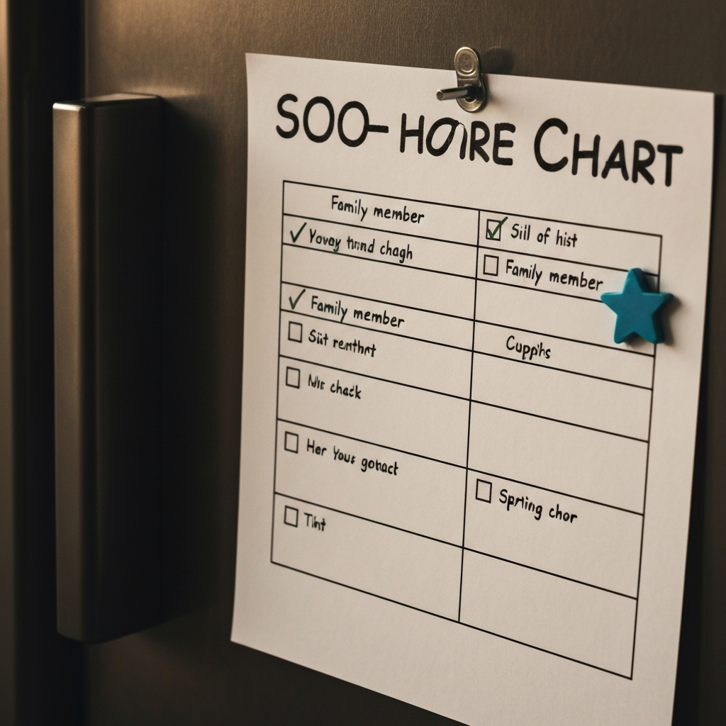 A close-up of a handwritten chore chart hanging on a refrigerator door. The chart is divided into columns for each family member, with checkboxes next to each task. A magnet shaped like a star is attached to one completed chore.