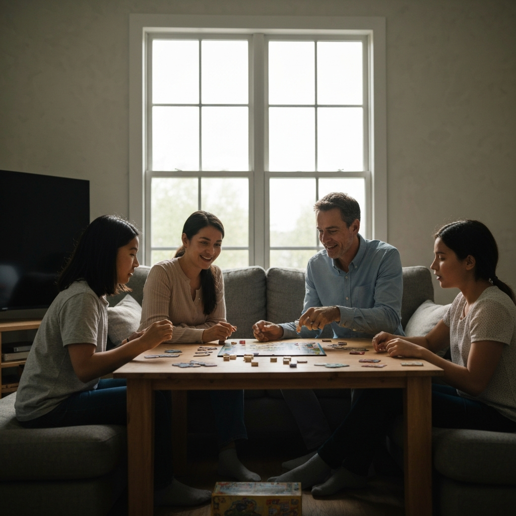 A family is playing a board game in a living room. Natural light fills the room from a large window. The television is off, and electronic devices are nowhere to be seen. The faces of the family members are expressive and engaged.
